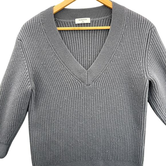 Babaton Gray Merino Wool Ribbed V Neck Sweater Women XS - Picture 2 of 6